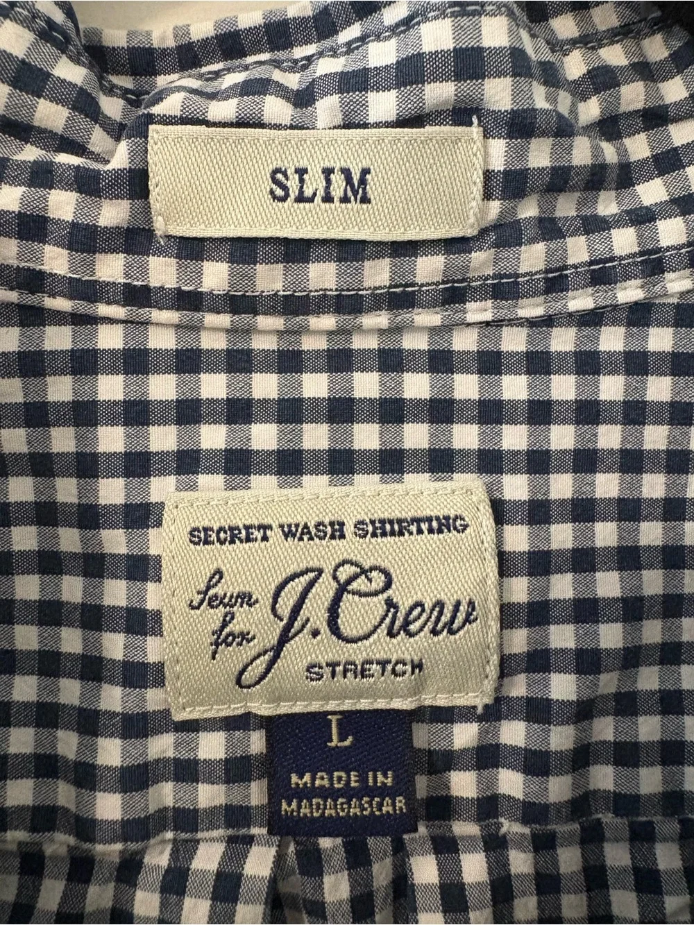 J.Crew Secret Wash Long Sleeve Shirt Mens L Slim Fit Blue White Gingham Classic